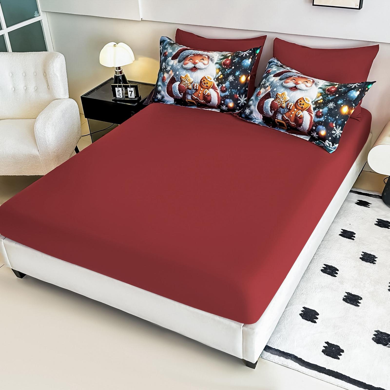 Lenjerie pat dublu, 6 PIESE, 5D, Bumbac Finet, Mos Craciun, Rosu, J1255