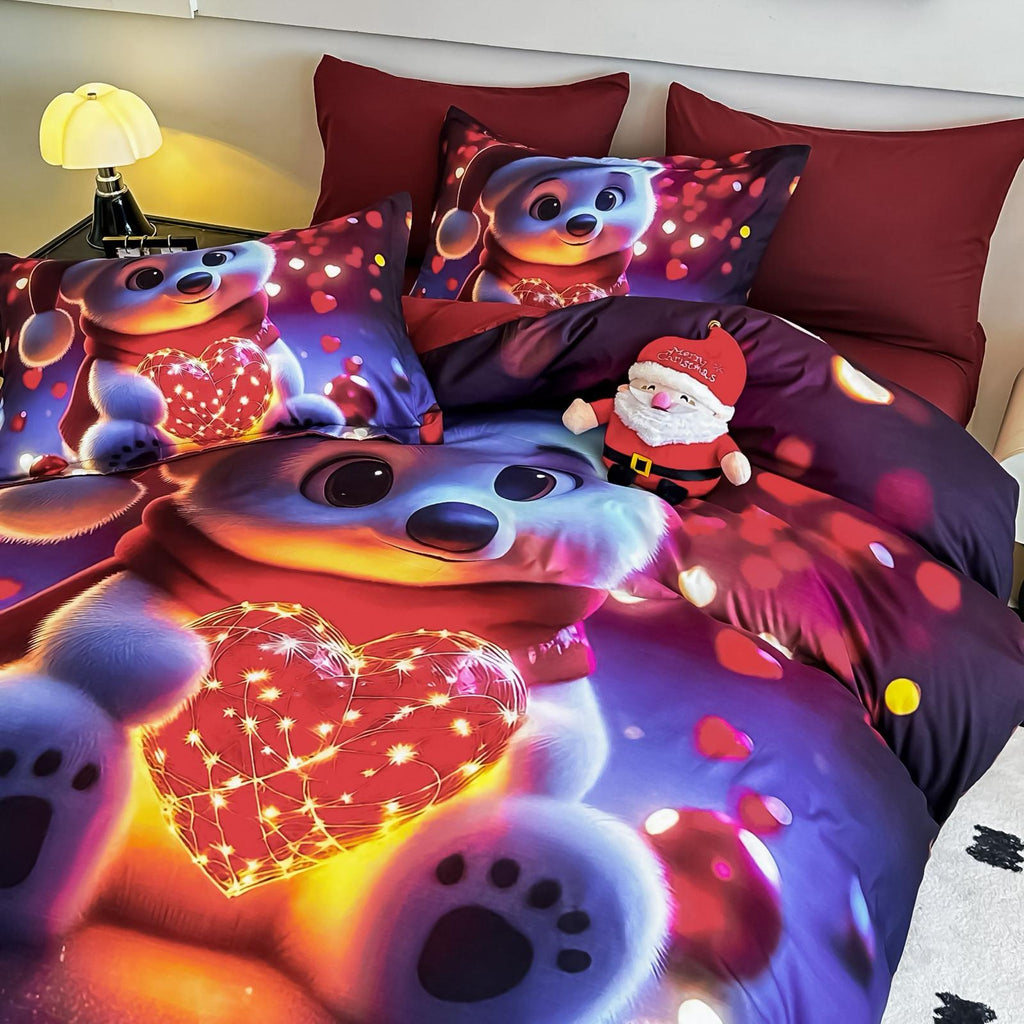 Lenjerie pat dublu, 6 PIESE, 5D, Bumbac Finet, Ursulet, Multicolor, J1256