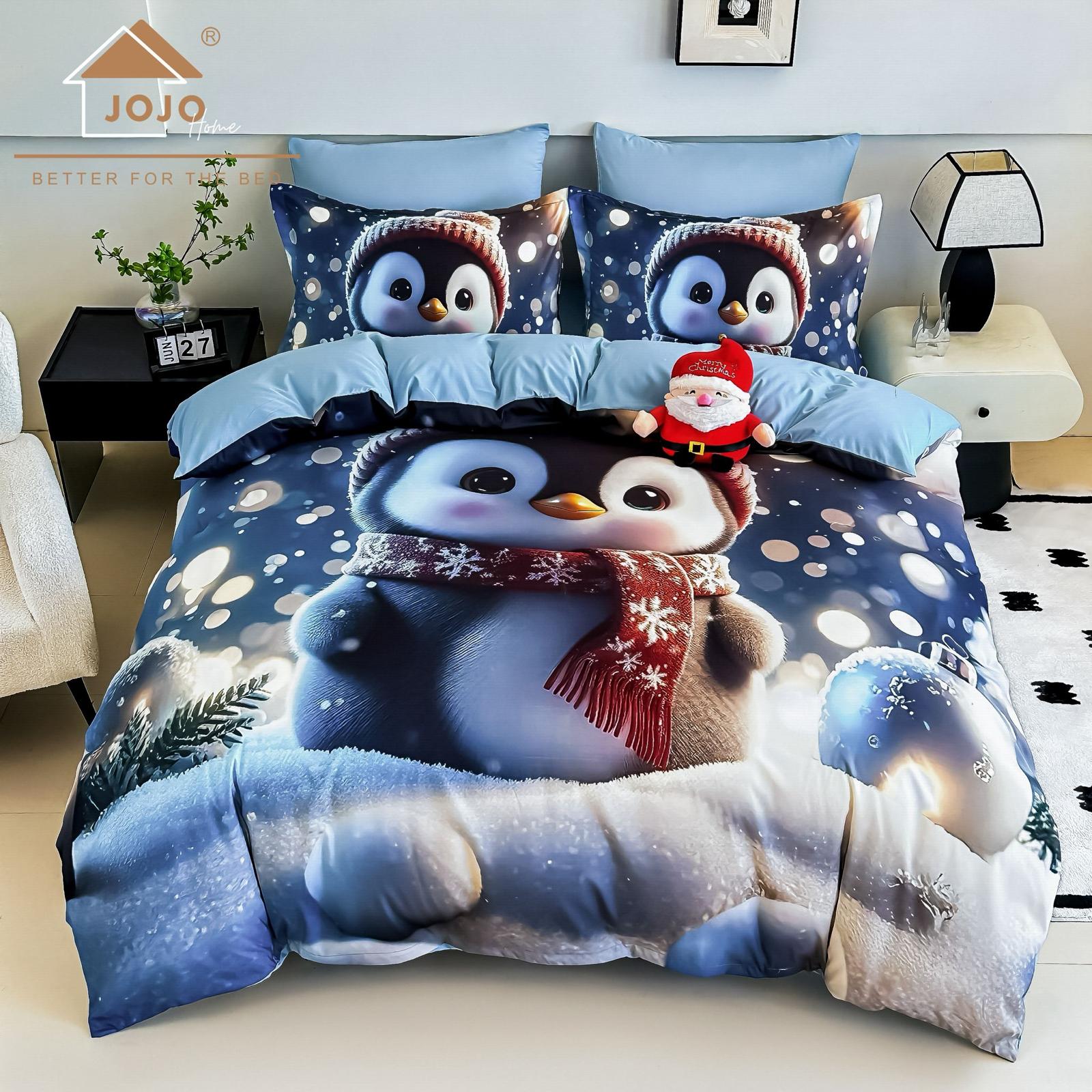 Lenjerie pat dublu, 6 PIESE, 5D, Bumbac Finet, Pinguin, Bleu, J1260