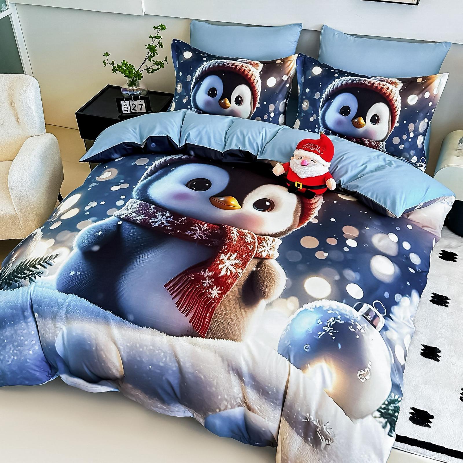 Lenjerie pat dublu, 6 PIESE, 5D, Bumbac Finet, Pinguin, Bleu, J1260