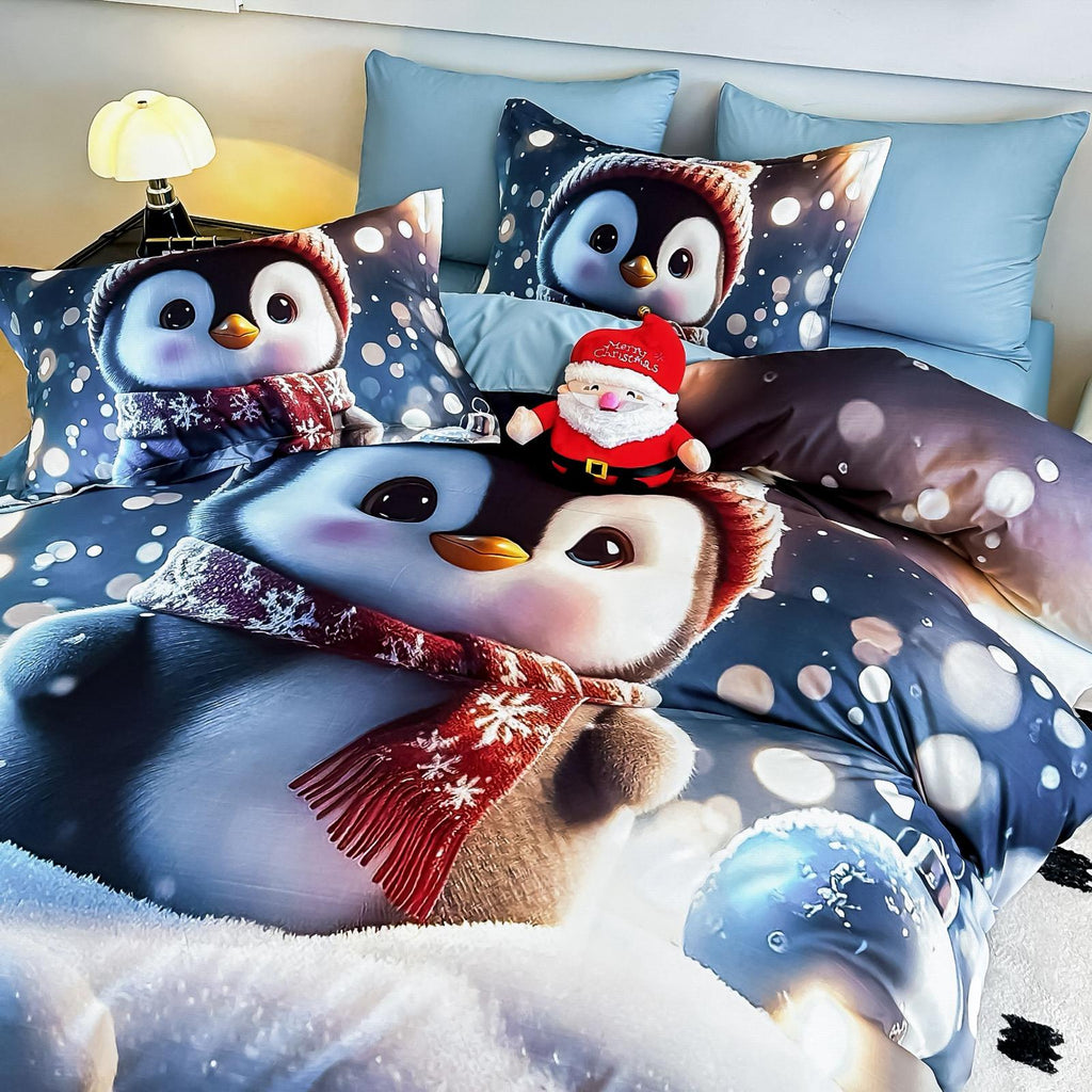 Lenjerie pat dublu, 6 PIESE, 5D, Bumbac Finet, Pinguin, Bleu, J1260