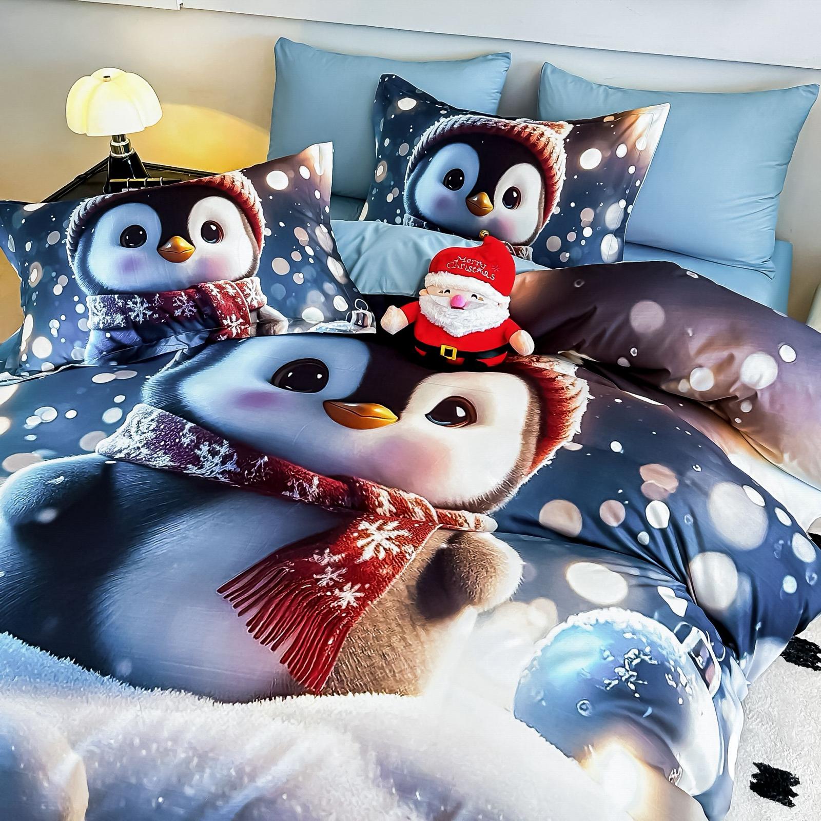 Lenjerie pat dublu, 6 PIESE, 5D, Bumbac Finet, Pinguin, Bleu, J1260