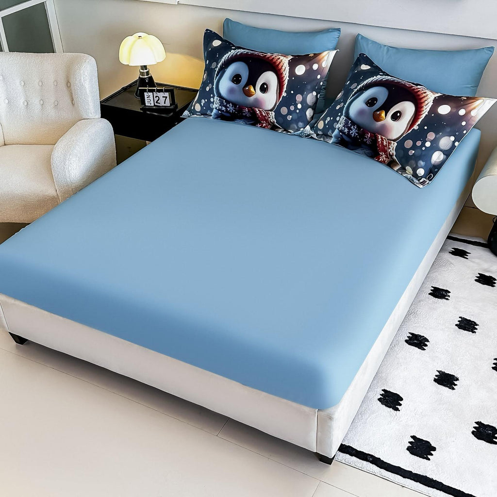 Lenjerie pat dublu, 6 PIESE, 5D, Bumbac Finet, Pinguin, Bleu, J1260