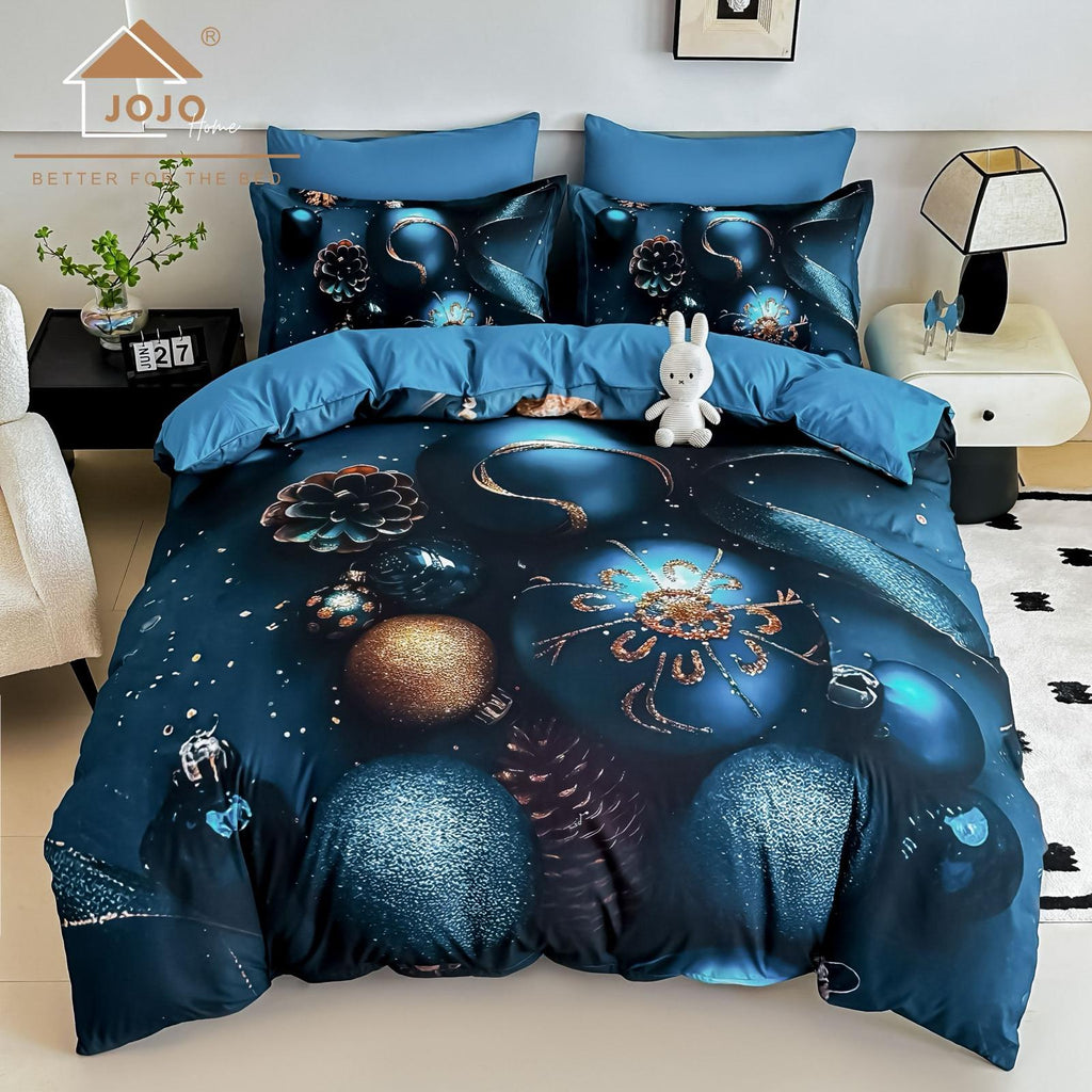 Lenjerie pat dublu, 6 PIESE, 5D, Bumbac Finet, Globuri, Albastru/Bleu, J1262