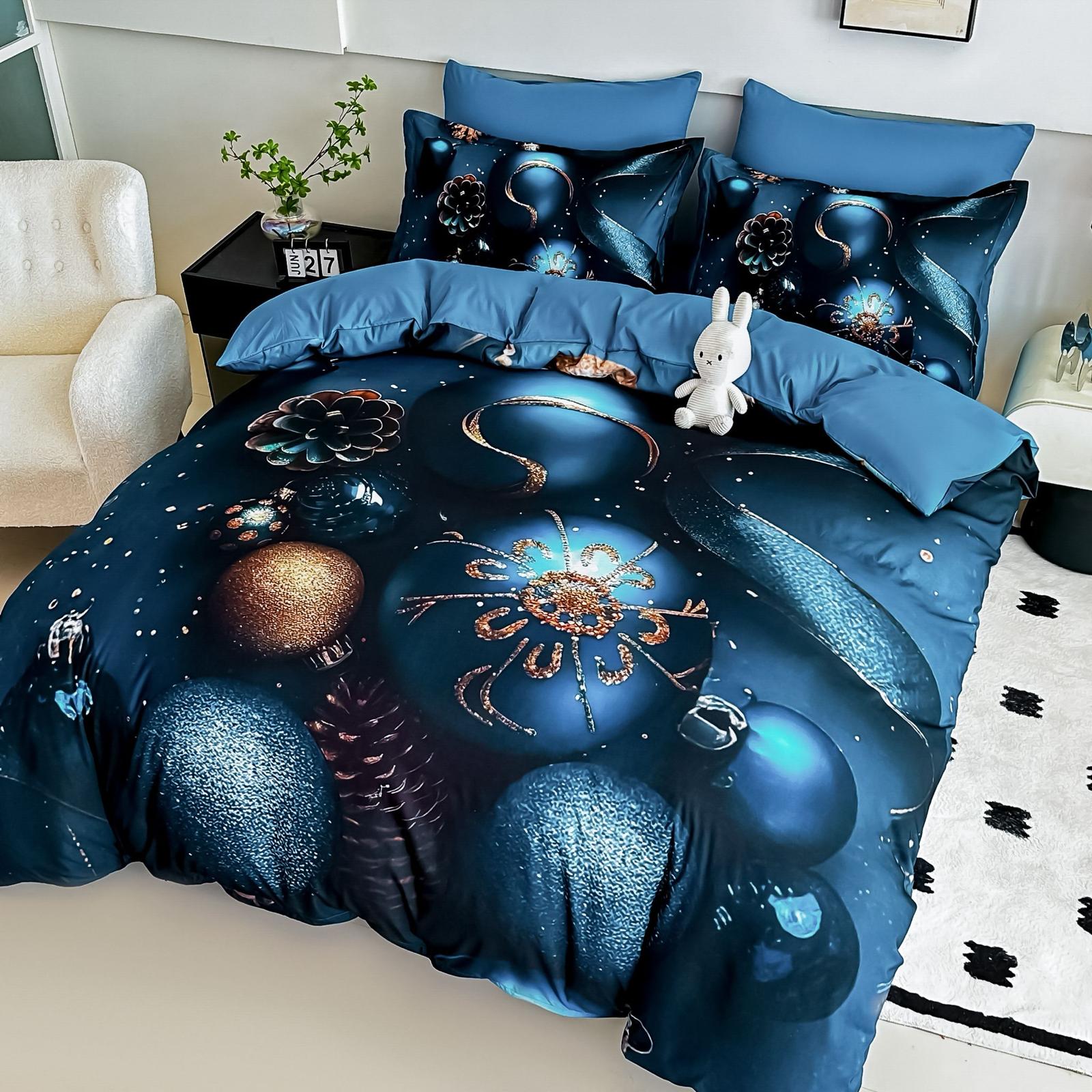 Lenjerie pat dublu, 6 PIESE, 5D, Bumbac Finet, Globuri, Albastru/Bleu, J1262