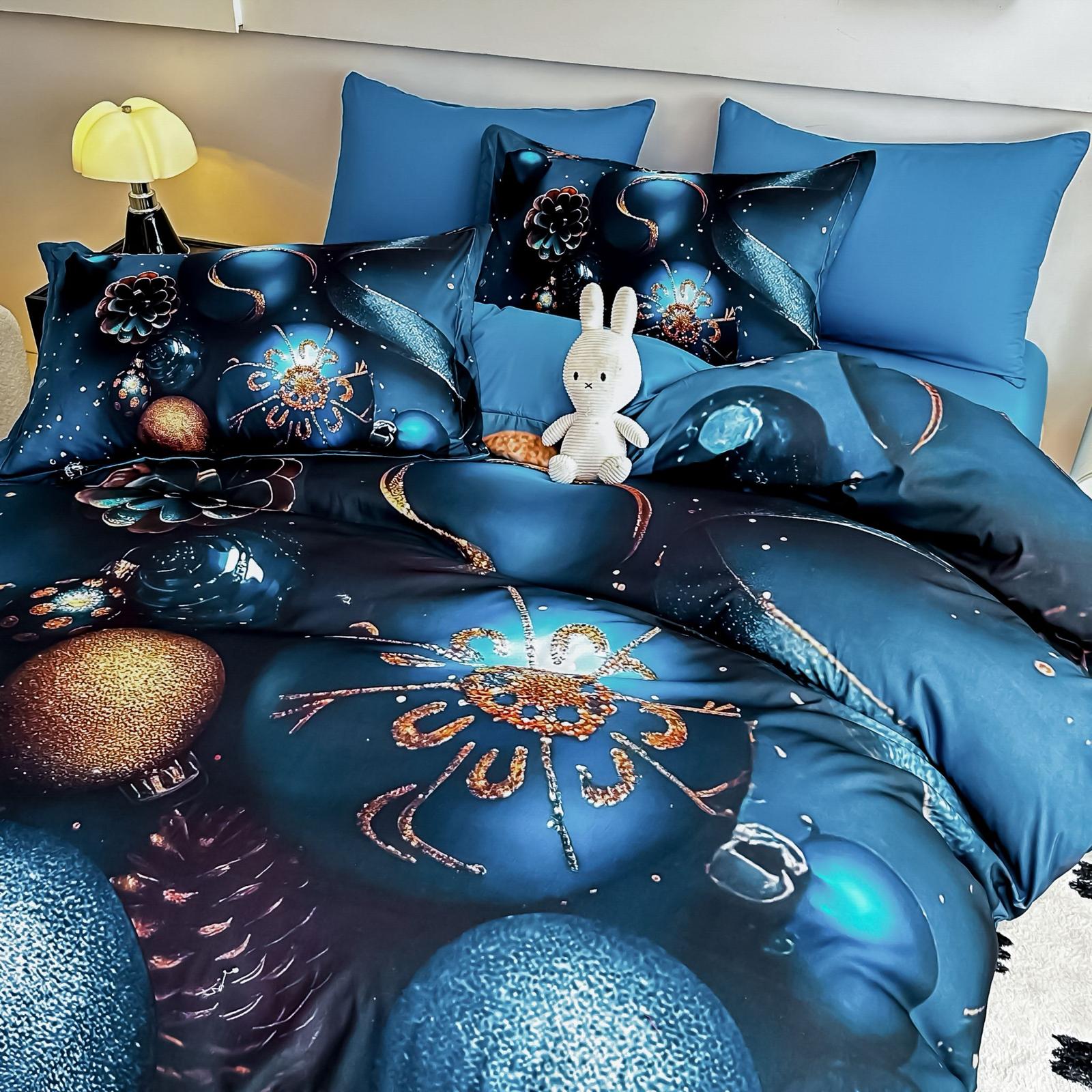 Lenjerie pat dublu, 6 PIESE, 5D, Bumbac Finet, Globuri, Albastru/Bleu, J1262