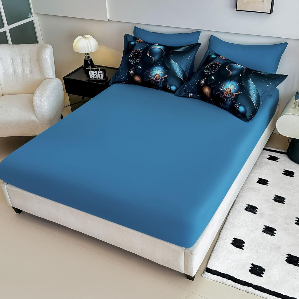 Lenjerie pat dublu, 6 PIESE, 5D, Bumbac Finet, Globuri, Albastru/Bleu, J1262