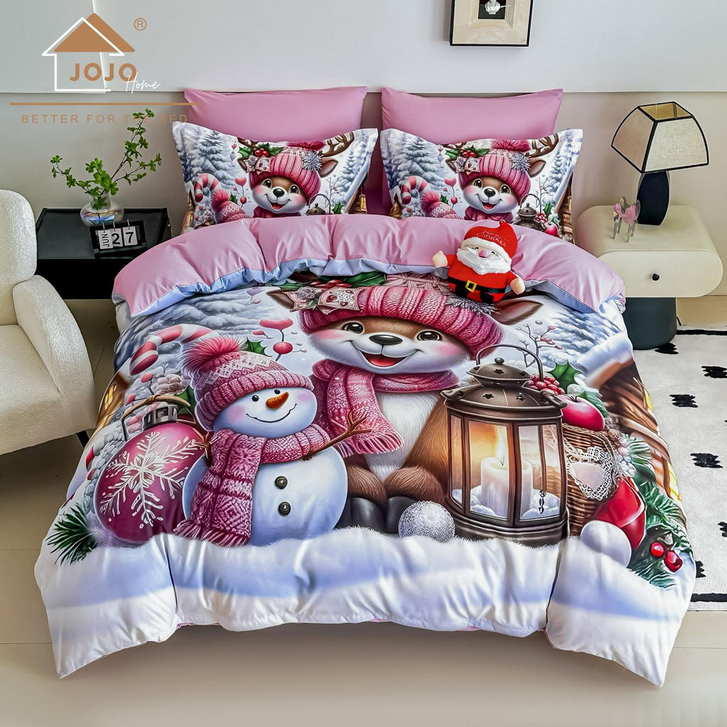 Lenjerie pat dublu, 6 PIESE, 5D, Bumbac Finet, Vulpita Si Om De Zapada, Roz, J1253