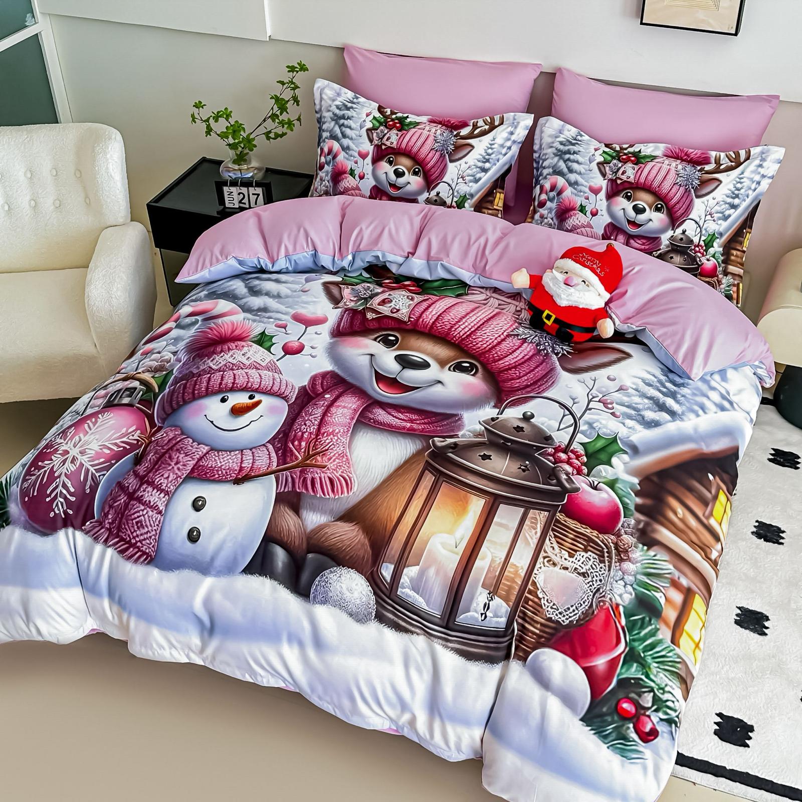 Lenjerie pat dublu, 6 PIESE, 5D, Bumbac Finet, Vulpita Si Om De Zapada, Roz, J1253