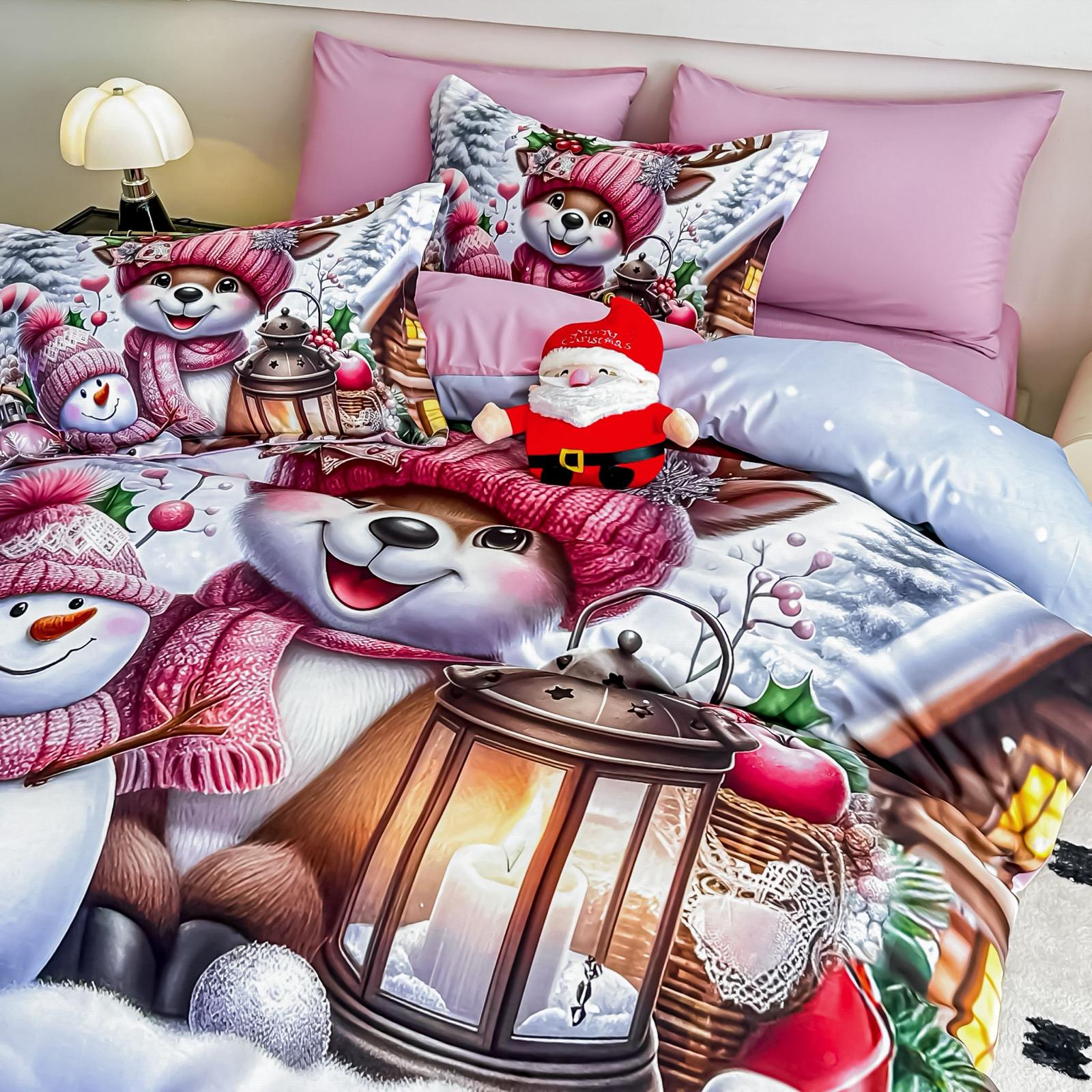 Lenjerie pat dublu, 6 PIESE, 5D, Bumbac Finet, Vulpita Si Om De Zapada, Roz, J1253