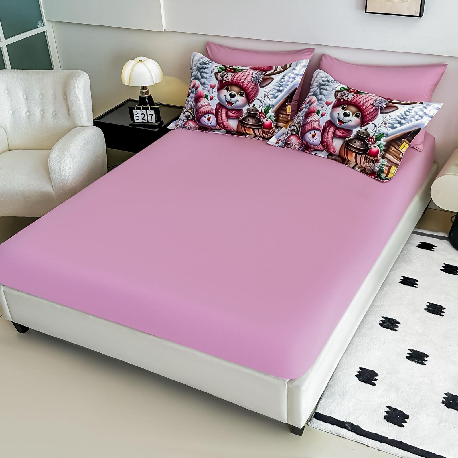 Lenjerie pat dublu, 6 PIESE, 5D, Bumbac Finet, Vulpita Si Om De Zapada, Roz, J1253