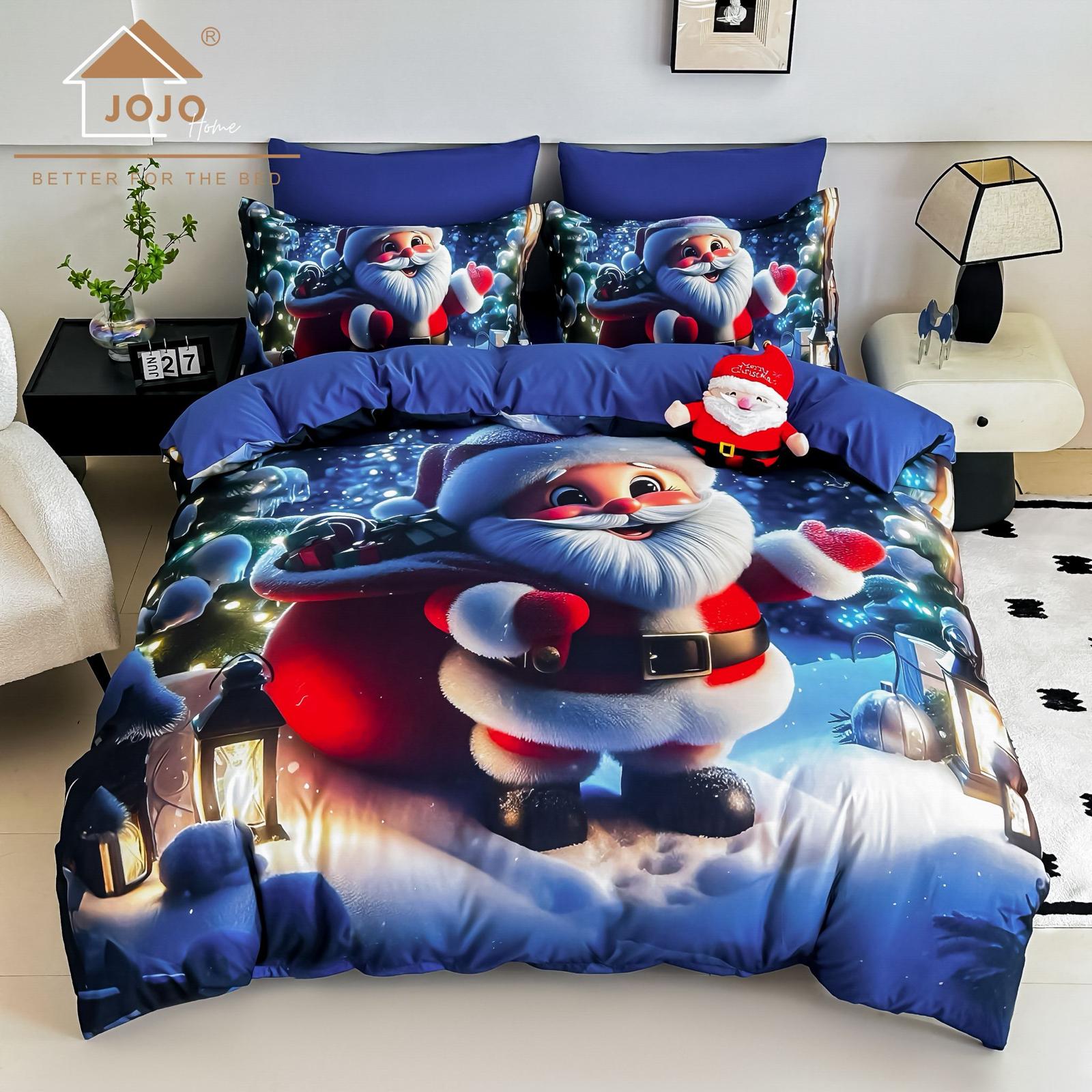 Lenjerie pat dublu, 6 PIESE, 5D, Bumbac Finet, Mos Craciun, Albastru, J1261