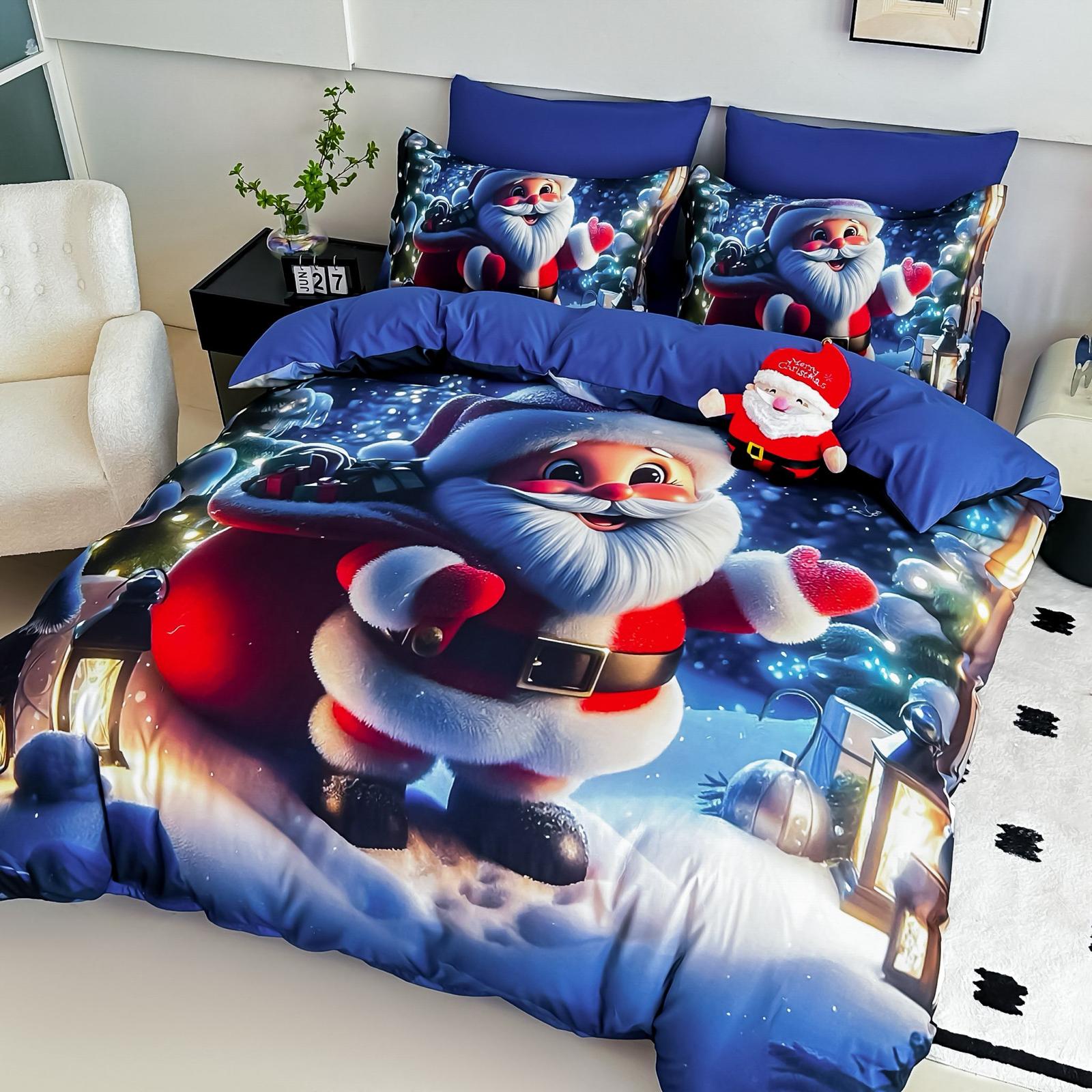 Lenjerie pat dublu, 6 PIESE, 5D, Bumbac Finet, Mos Craciun, Albastru, J1261