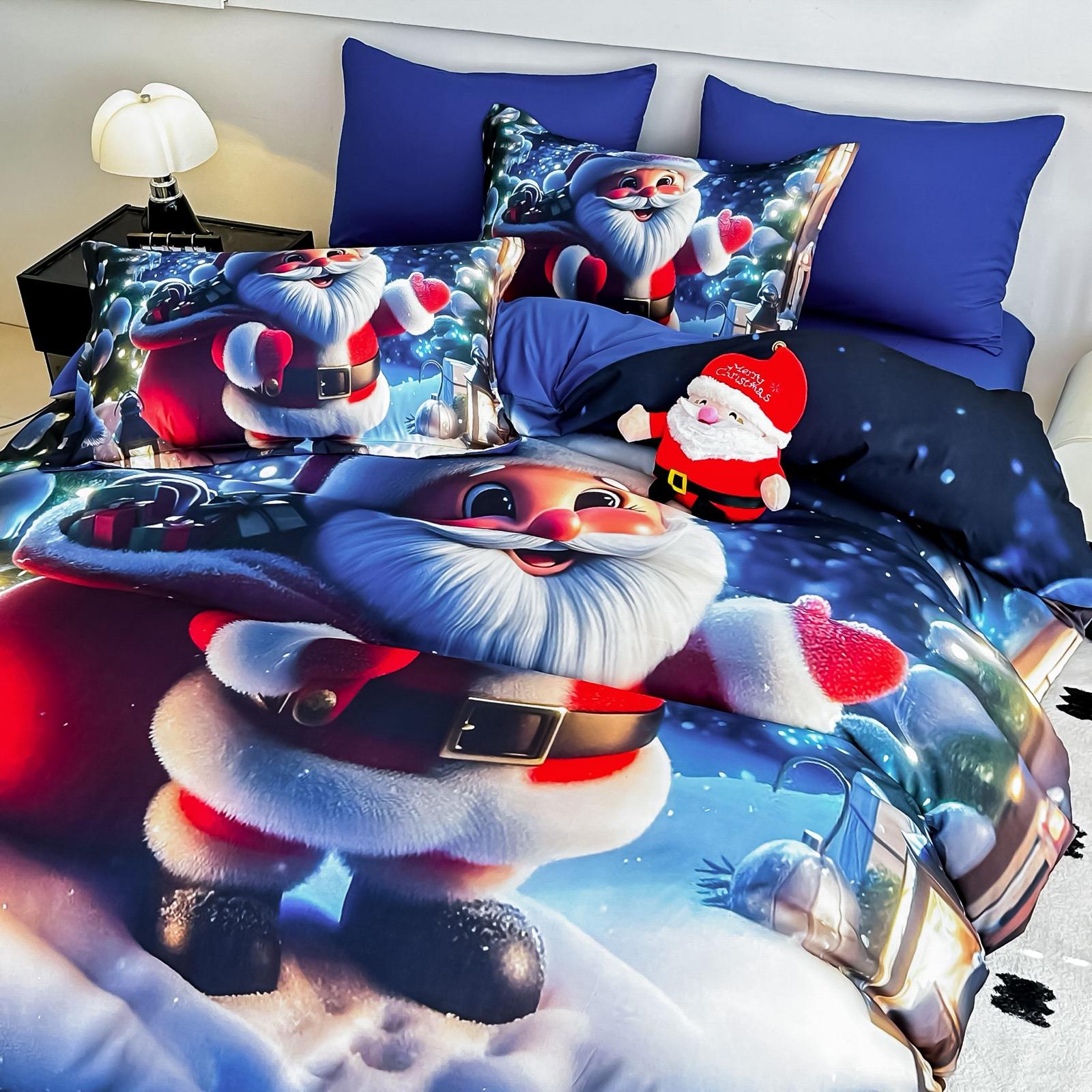 Lenjerie pat dublu, 6 PIESE, 5D, Bumbac Finet, Mos Craciun, Albastru, J1261