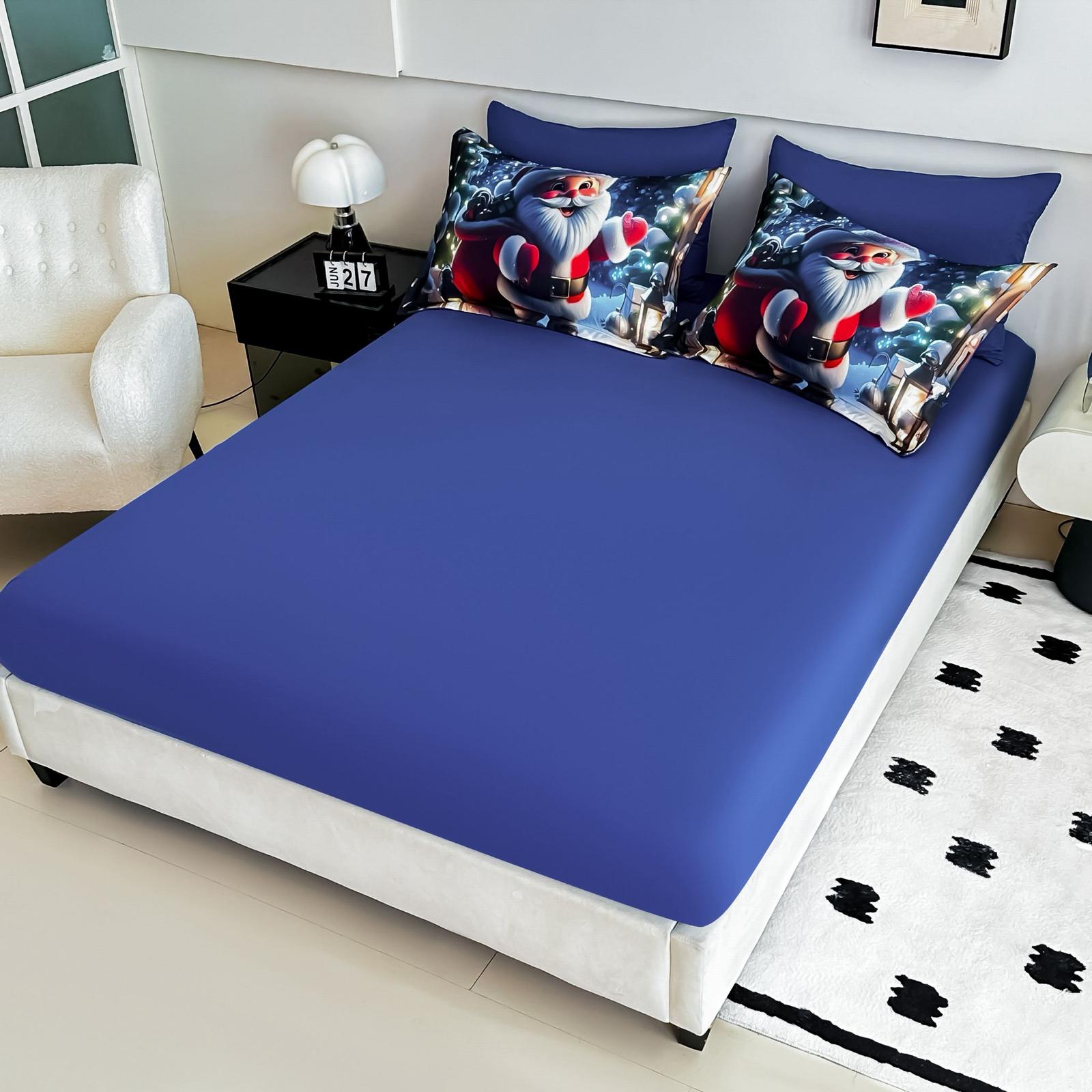 Lenjerie pat dublu, 6 PIESE, 5D, Bumbac Finet, Mos Craciun, Albastru, J1261