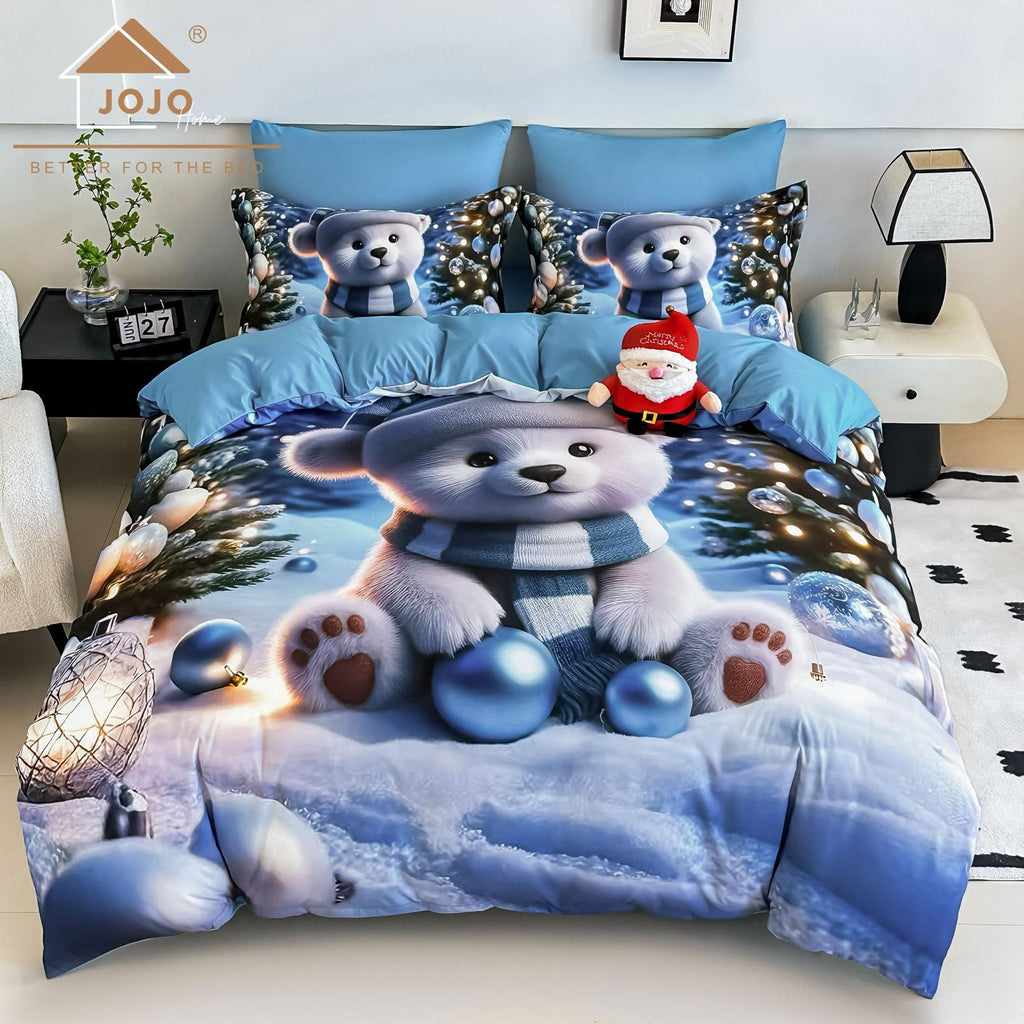 Lenjerie pat dublu, 6 PIESE, 5D, Bumbac Finet, Ursulet Polar, Bleu, J1250