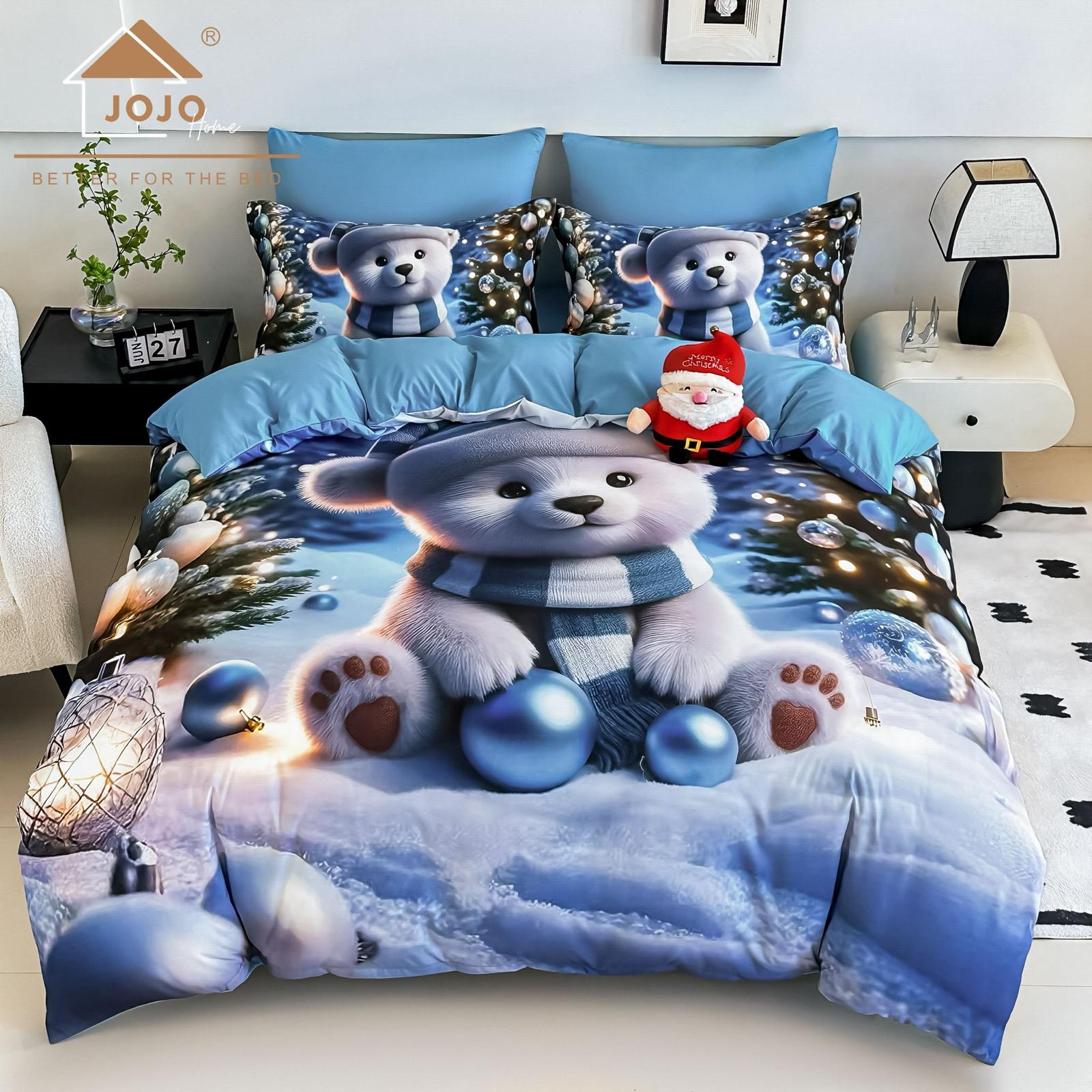 Lenjerie pat dublu, 6 PIESE, 5D, Bumbac Finet, Ursulet Polar, Bleu, J1250