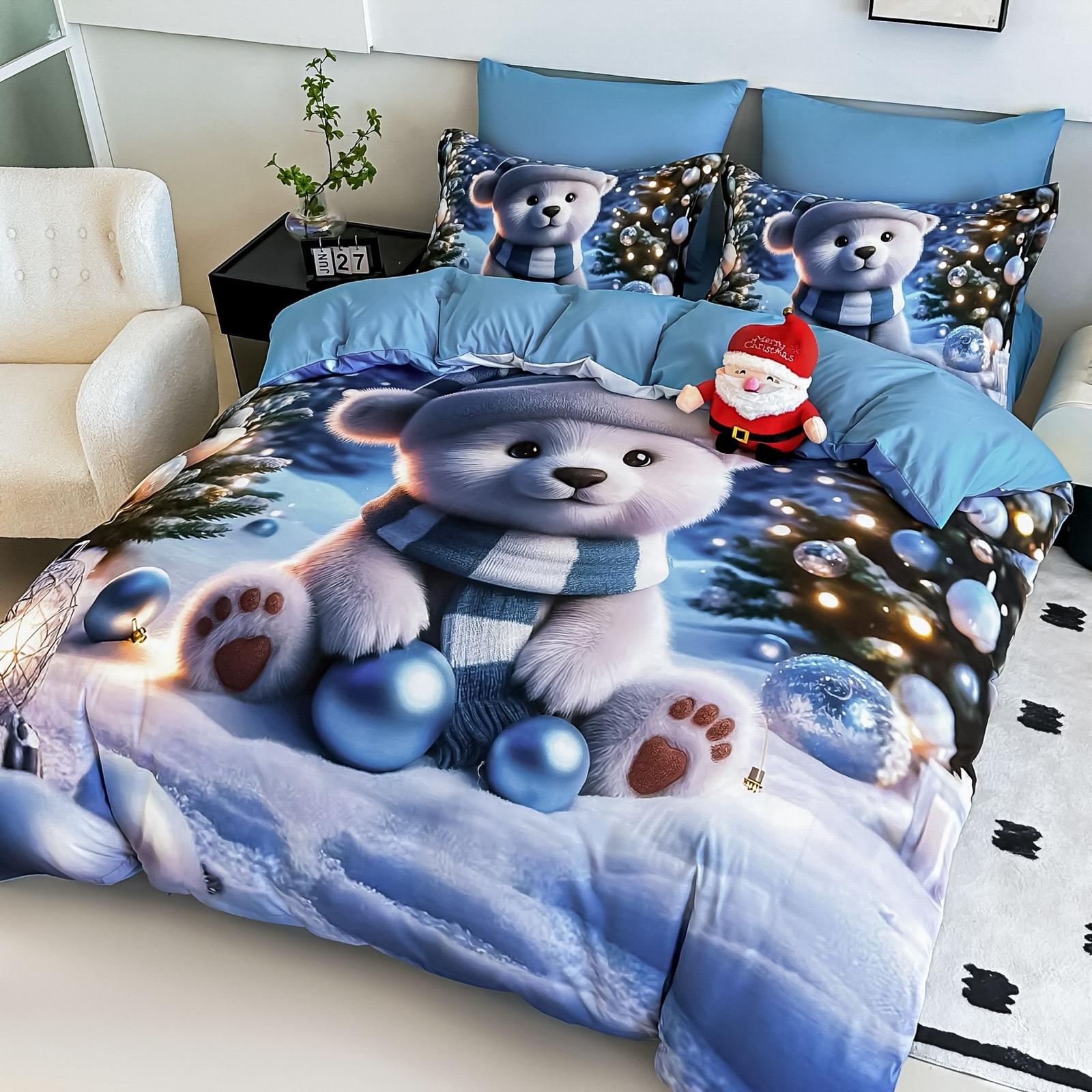 Lenjerie pat dublu, 6 PIESE, 5D, Bumbac Finet, Ursulet Polar, Bleu, J1250