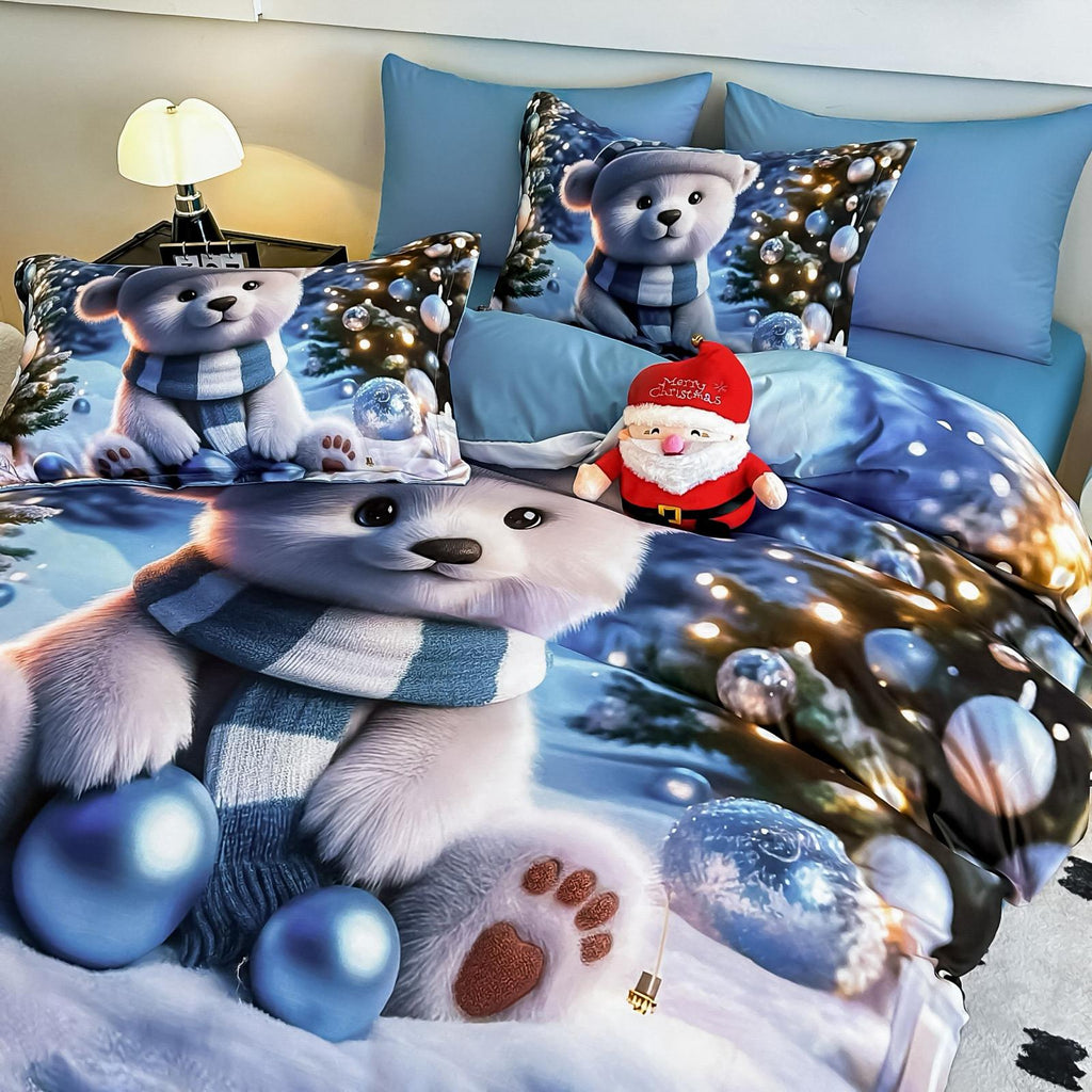 Lenjerie pat dublu, 6 PIESE, 5D, Bumbac Finet, Ursulet Polar, Bleu, J1250