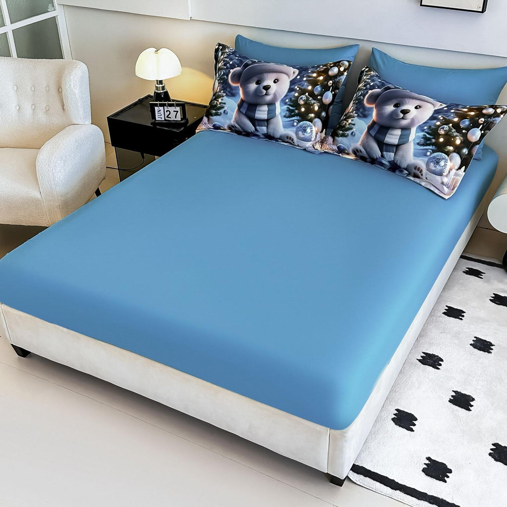 Lenjerie pat dublu, 6 PIESE, 5D, Bumbac Finet, Ursulet Polar, Bleu, J1250