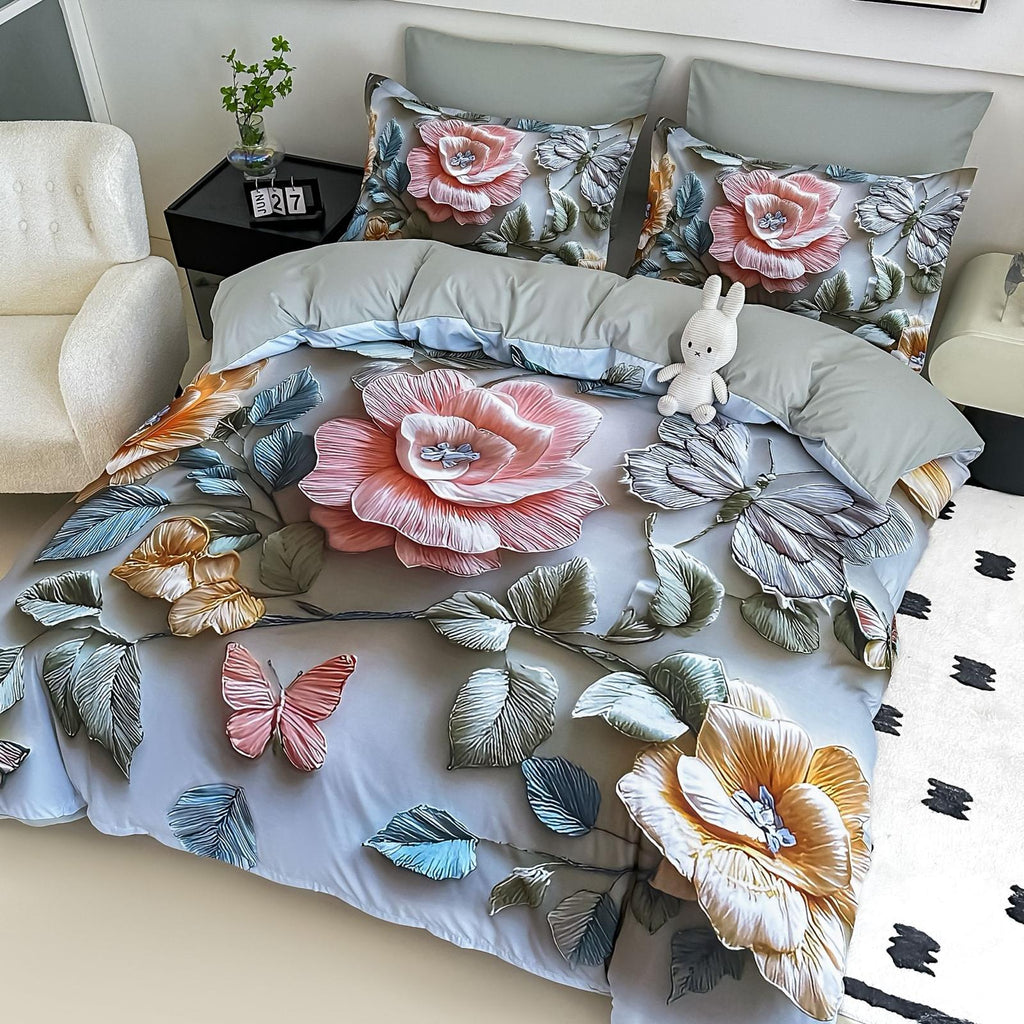 Lenjerie pat dublu, 6 PIESE, 5D, Bumbac Finet, Floricele, Multicolor, J1244