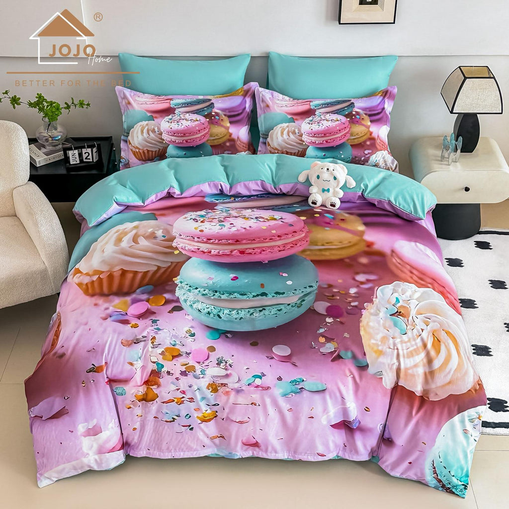 Lenjerie pat dublu, 6 PIESE, 5D, Bumbac Finet, Macarons, Multicolor, J1242