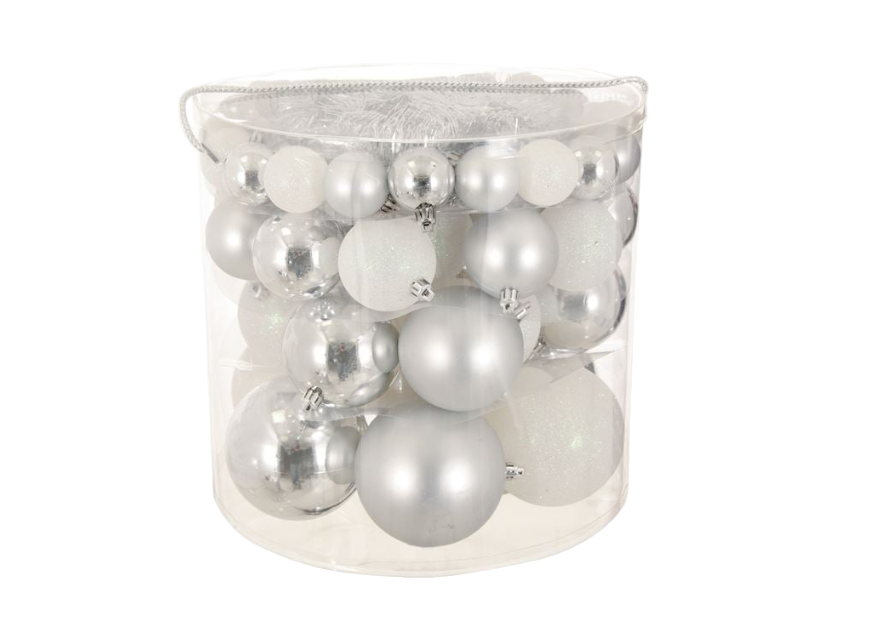 Clear container filled with silver and white Christmas ornaments on a white background