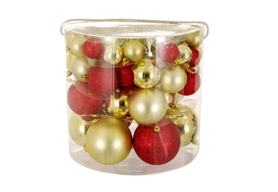 Clear container filled with red and gold Christmas ornaments on a white background