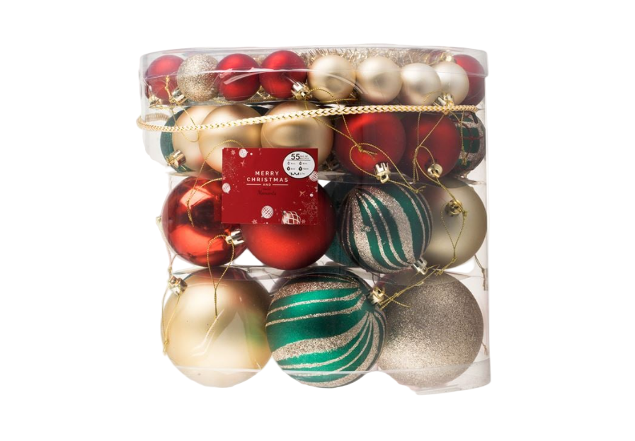 Assorted Christmas ornaments in a clear plastic container on a white background