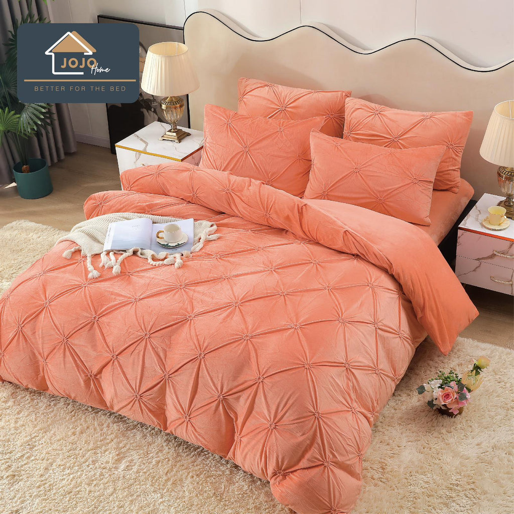 Lenjerie pat Dublu, Elastic, Catifea Soft, Imprimeu Brodat, Coral, J18018