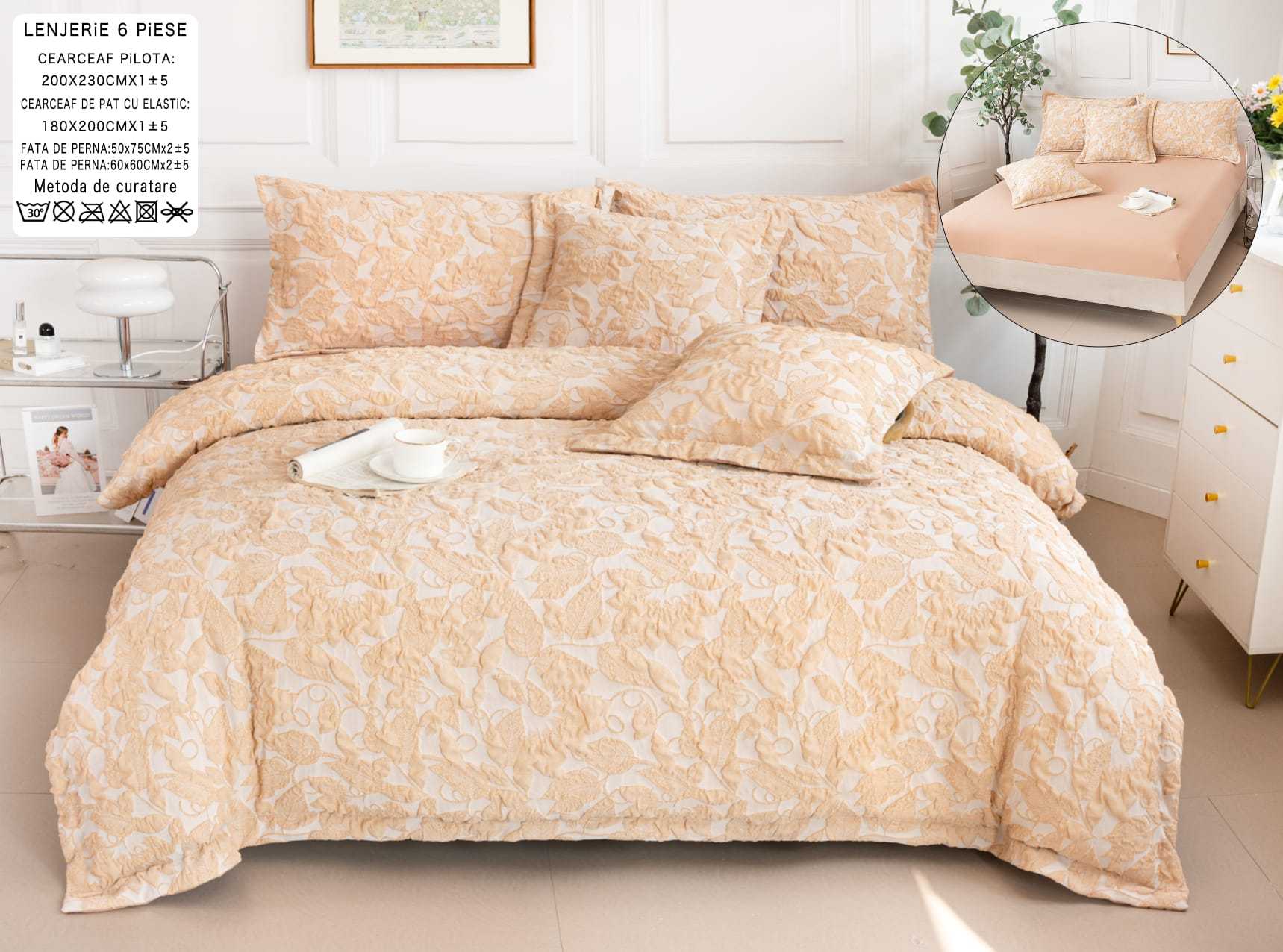 Lenjerie pat, Bumbac Fin, IN Grofat Latos, 6 Piese, Frunze, Alb/Peach, P23667-Elastic
