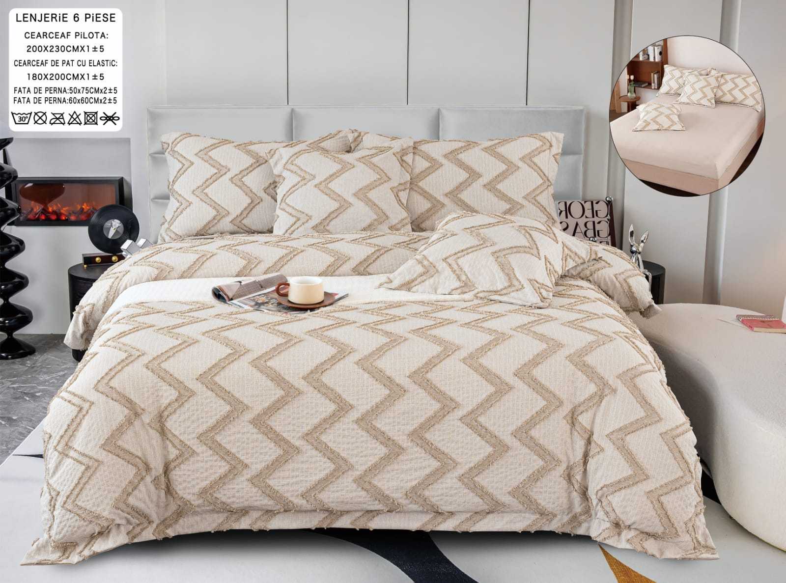 Lenjerie pat, Bumbac Fin, IN Grofat Latos, 6 Piese, Linii, Maro/Crem, P23680-Elastic