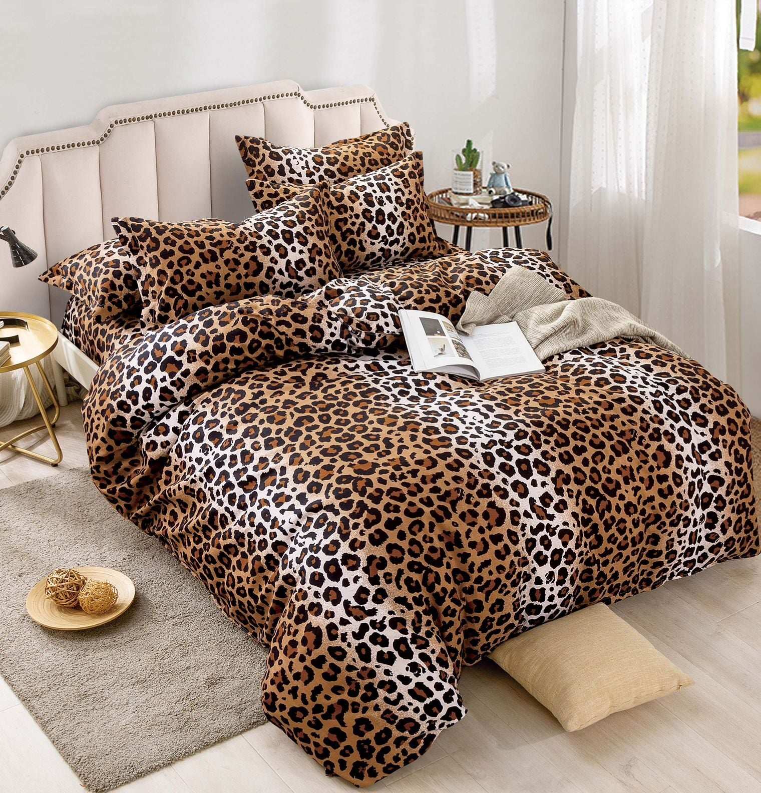 Lenjerie pat dublu cu Elastic, 6 PIESE, Bumbac Finet, Leopard, Maro, J244058-ELASTIC