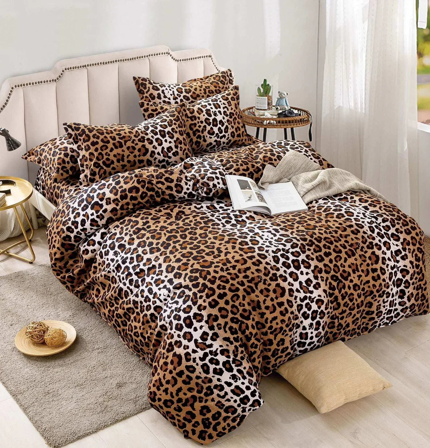 Pachet Promotional, Lenjerie pat dublu, 6 PIESE, Bumbac Finet, Leopard, Maro, J1216