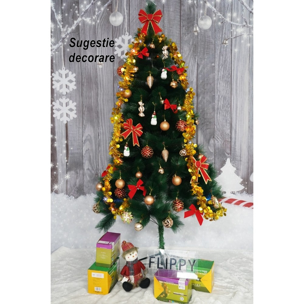 Brad artificial de Craciun tip pin, clasic, pentru interior/exterior, inaltime 150 cm, Flippy, verde, suport metalic inclus