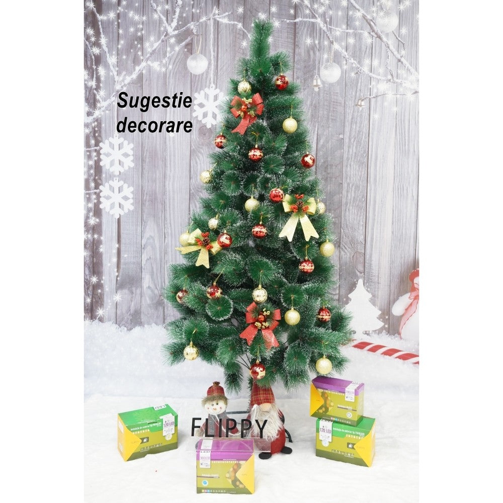 Brad artificial de Craciun tip pin nins, pentru interior/exterior, inaltime 210 cm, Flippy, verde, suport metalic inclus