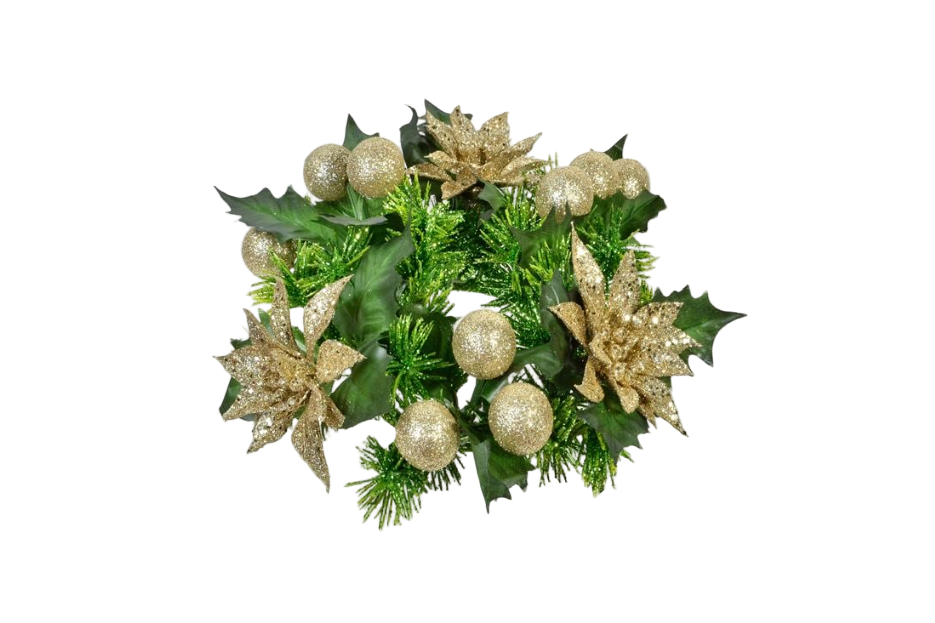 Coroniță de Crăciun Aurie cu Flori Glitter și Globuri