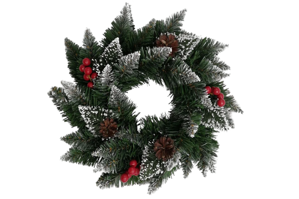 Coroniță de Crăciun cu efect ninsoare, conuri și bobițe roșii decorative